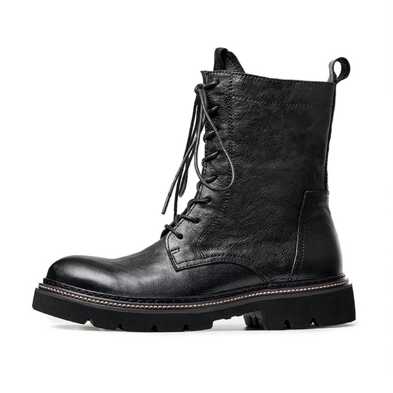 Botas Masculinas Pele Carneiro Chique Vintage Com Plataforma - Preto