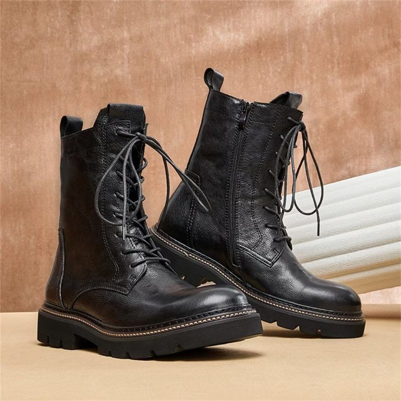 Botas Masculinas Pele Carneiro Chique Vintage Com Plataforma - Preto