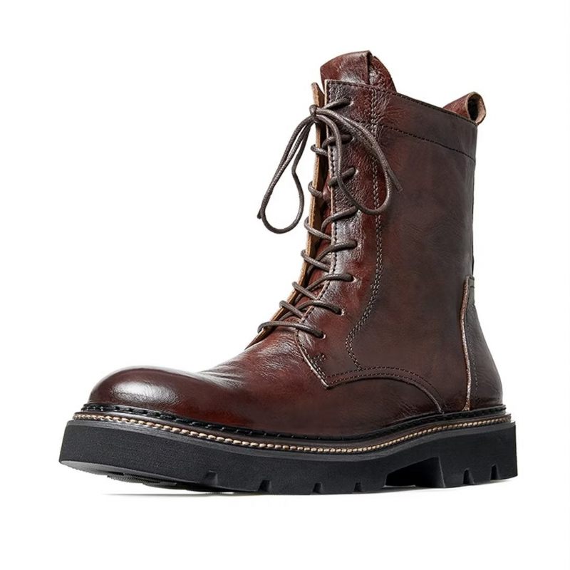 Botas Masculinas Pele Carneiro Chique Vintage Com Plataforma - Marrom