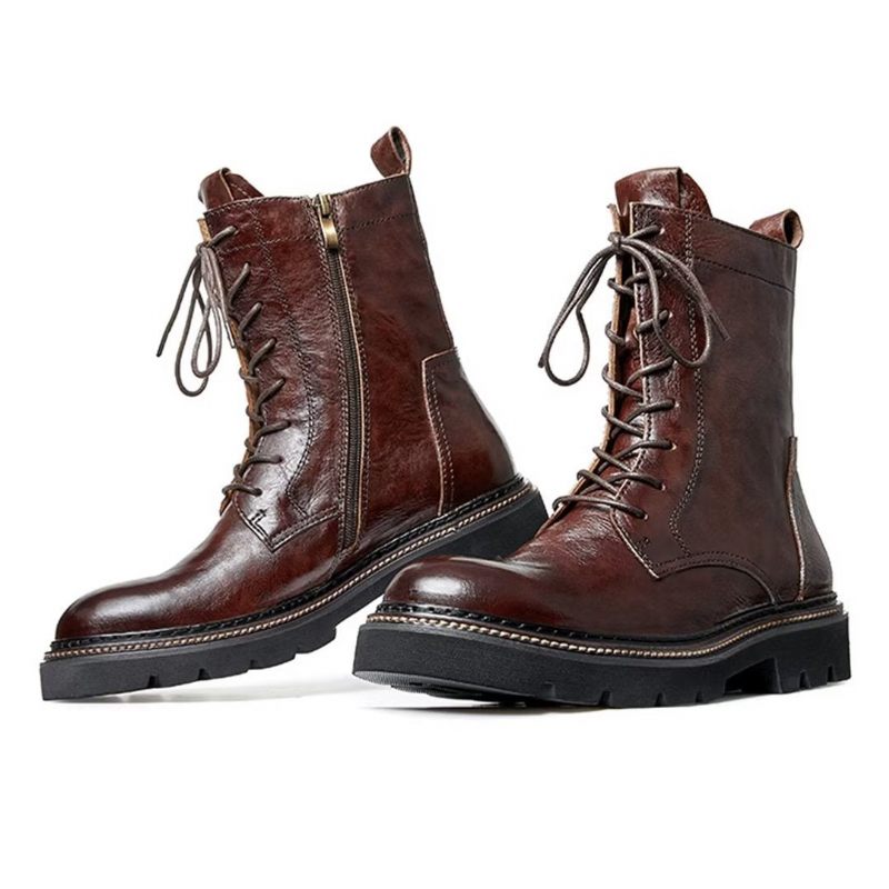 Botas Masculinas Pele Carneiro Chique Vintage Com Plataforma - Marrom