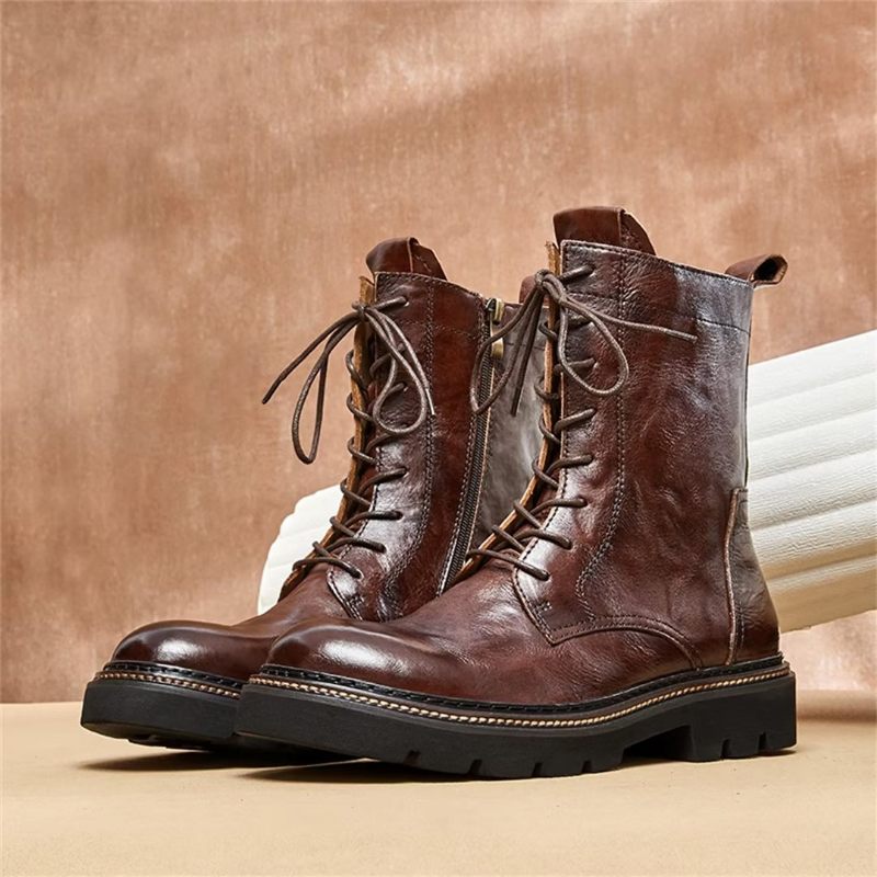 Botas Masculinas Pele Carneiro Chique Vintage Com Plataforma - Marrom