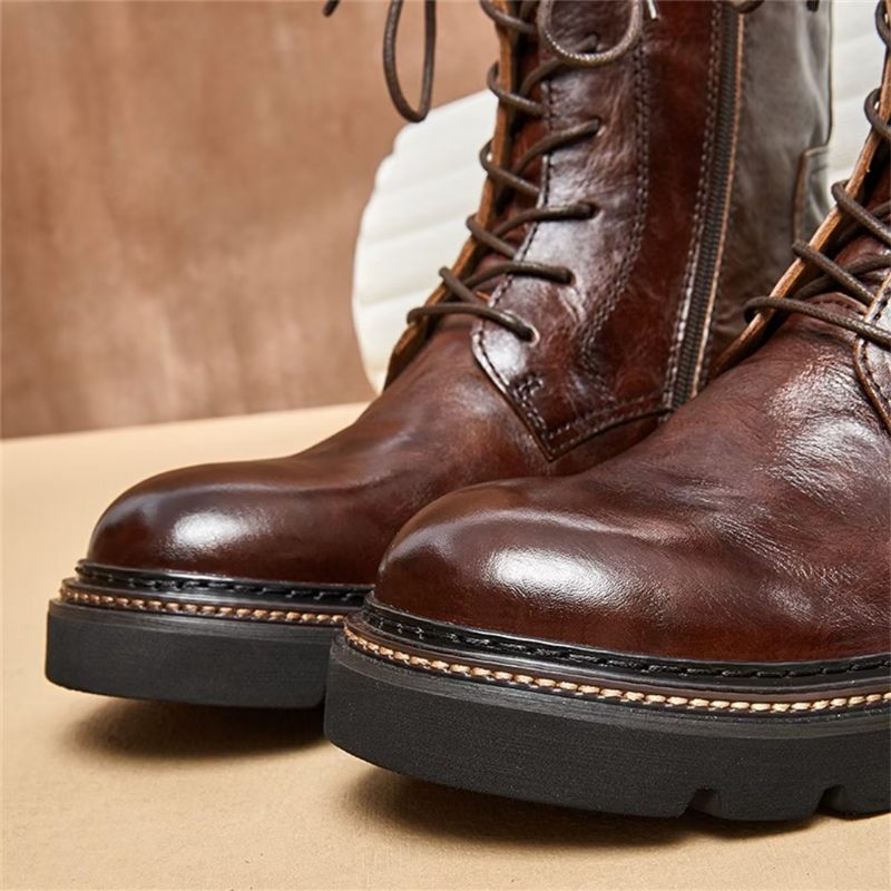 Botas Masculinas Pele Carneiro Chique Vintage Com Plataforma - Marrom