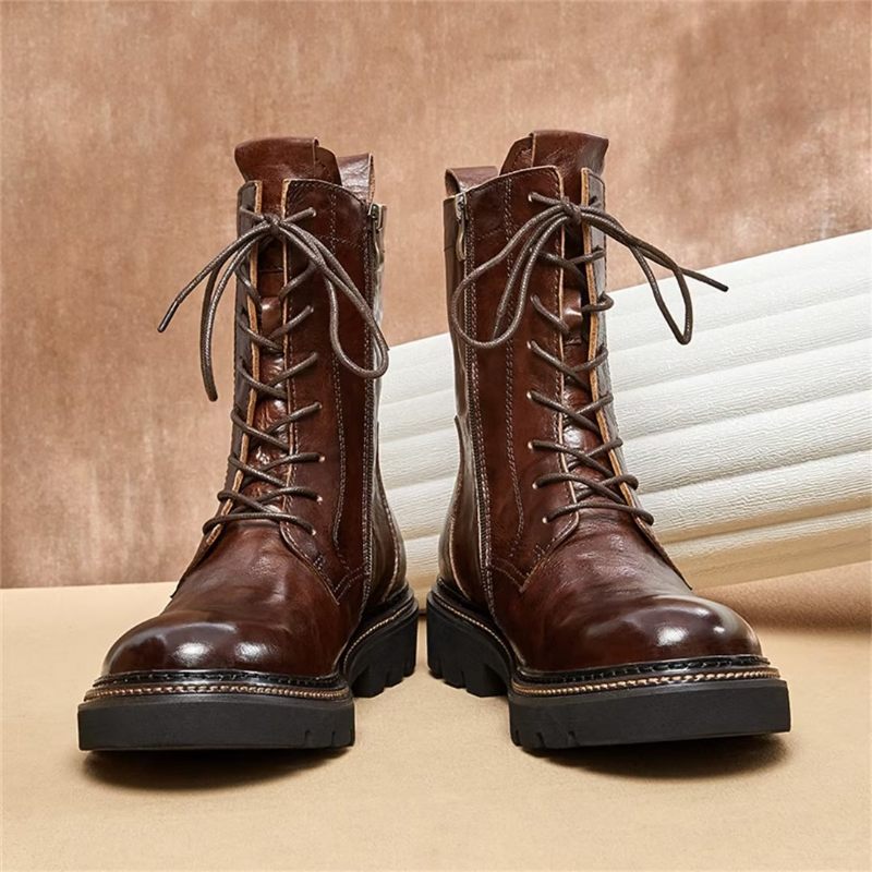 Botas Masculinas Pele Carneiro Chique Vintage Com Plataforma - Marrom