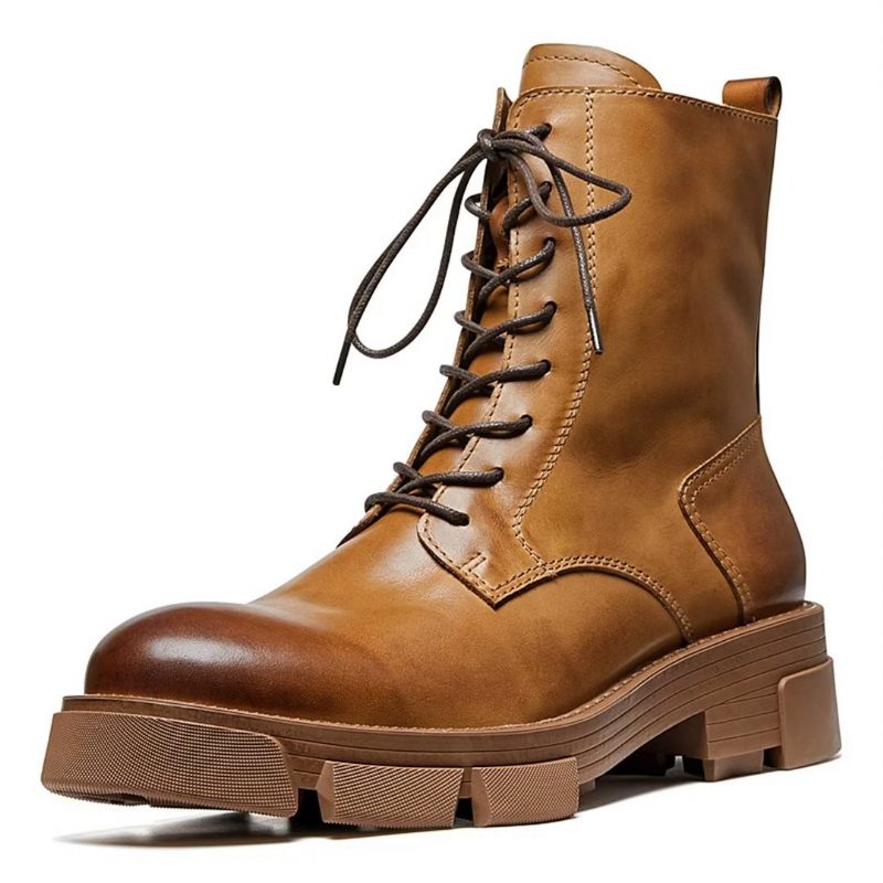 Botas Masculinas Pele Carneiro Chique Vintage Com Recorte - Marrom