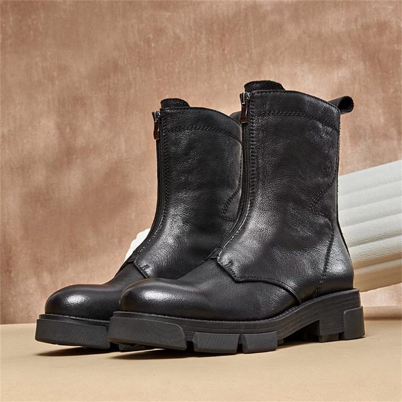 Botas Masculinas Pele Carneiro Chique Vintage Com Zíper - Preto