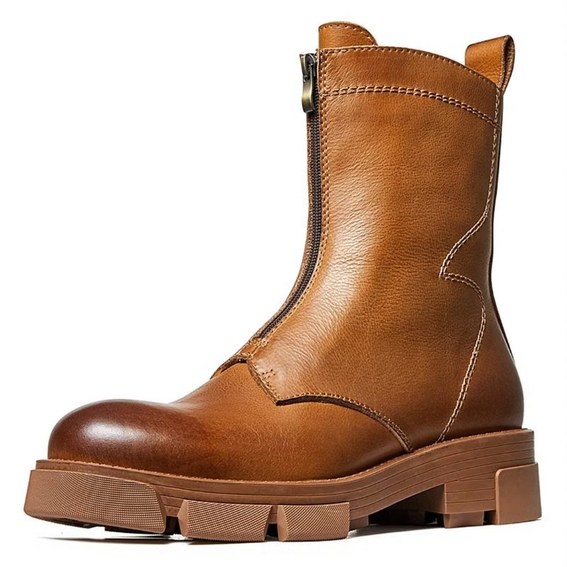 Botas Masculinas Pele Carneiro Chique Vintage Com Zíper - Marrom