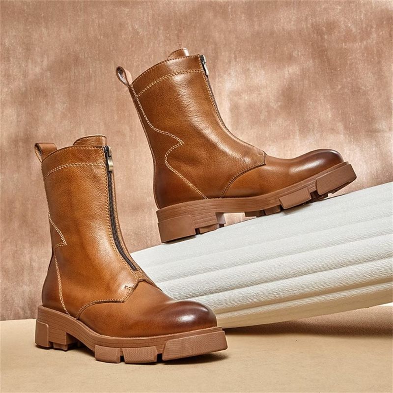 Botas Masculinas Pele Carneiro Chique Vintage Com Zíper - Marrom