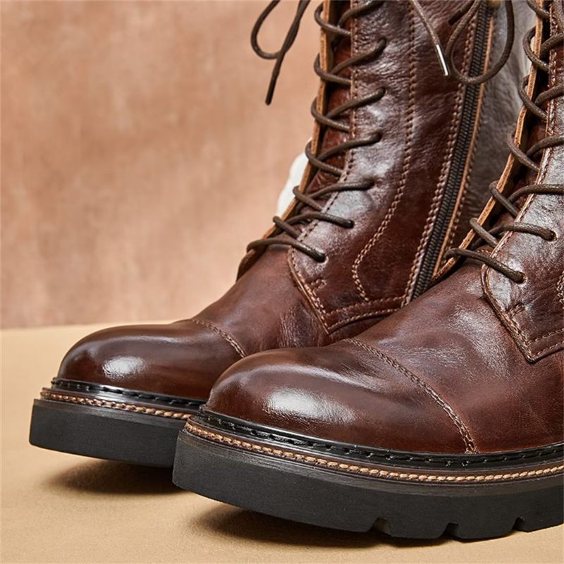 Botas Masculinas Pele Carneiro Chique Vintage Com Zíper - Marrom