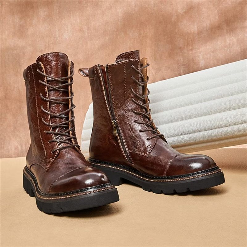 Botas Masculinas Pele Carneiro Chique Vintage Com Zíper - Marrom