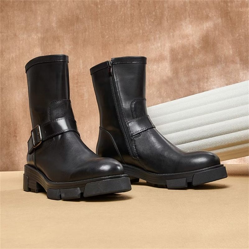 Botas Masculinas Pele Carneiro Chique Vintage Com Zíper Bota Clássica - Preto