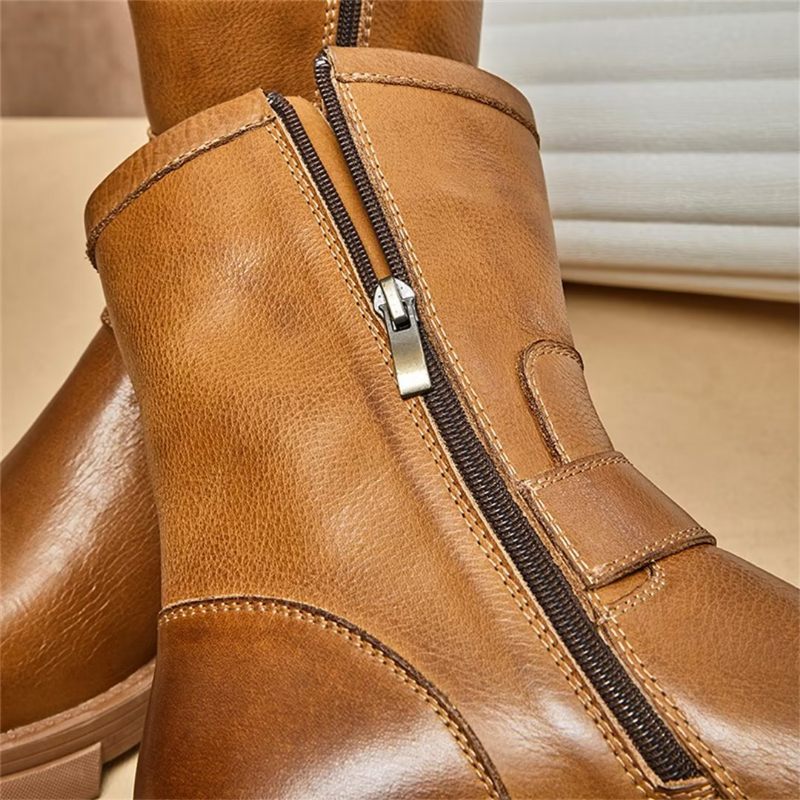 Botas Masculinas Pele Carneiro Chique Vintage Com Zíper Bota Clássica - Marrom