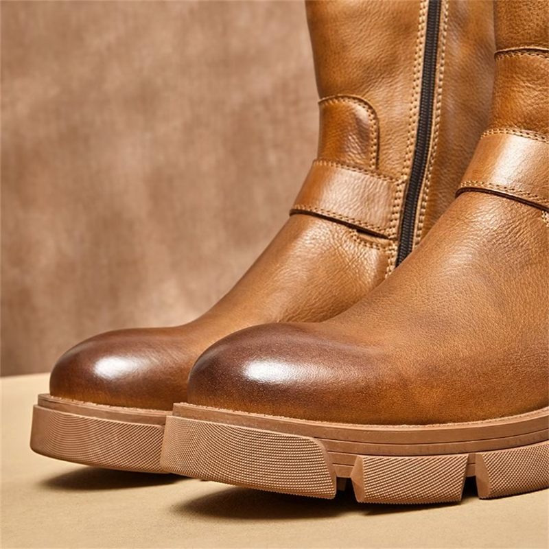 Botas Masculinas Pele Carneiro Chique Vintage Com Zíper Bota Clássica - Marrom