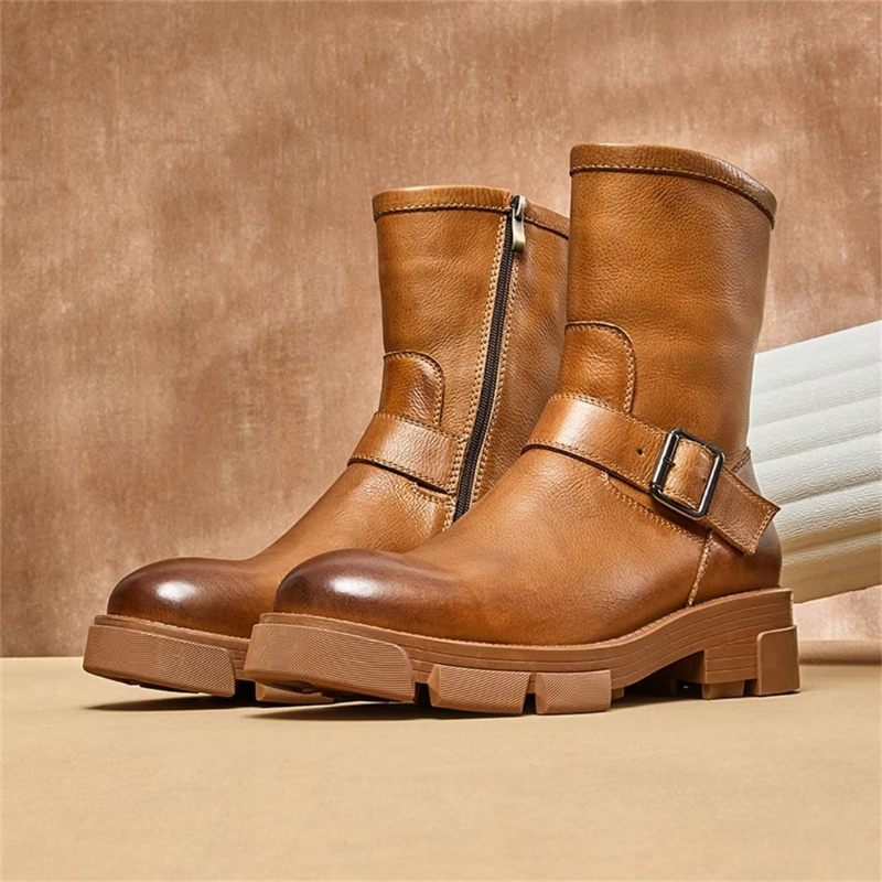 Botas Masculinas Pele Carneiro Chique Vintage Com Zíper Bota Clássica - Marrom