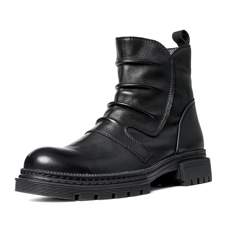 Botas Masculinas Pele Carneiro Chique Vintage Com Zíper Curto Cadarço - Preto