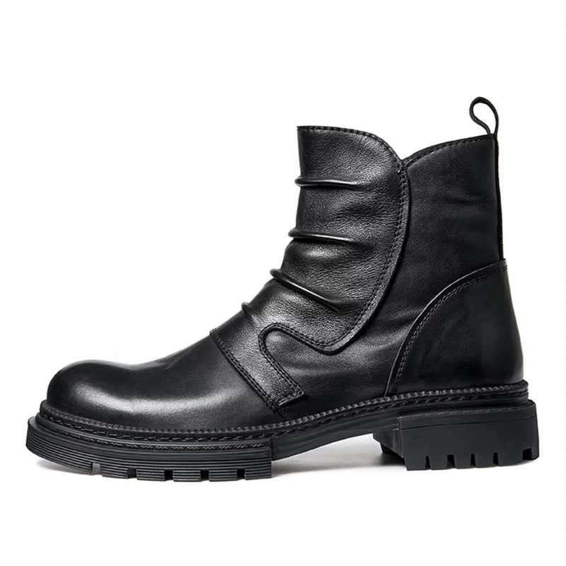 Botas Masculinas Pele Carneiro Chique Vintage Com Zíper Curto Cadarço - Preto