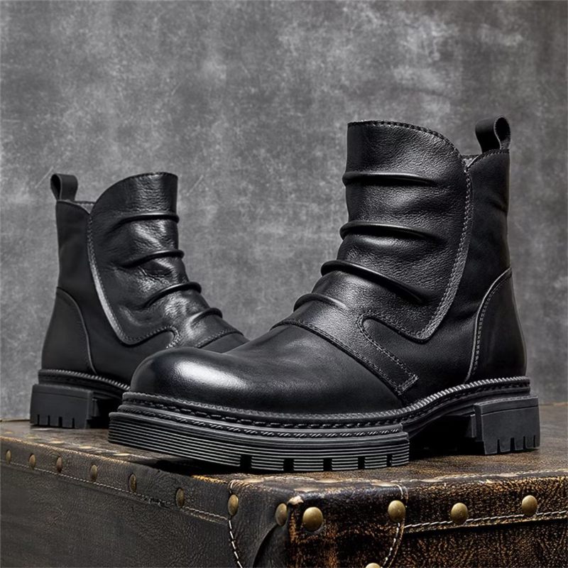 Botas Masculinas Pele Carneiro Chique Vintage Com Zíper Curto Cadarço - Preto