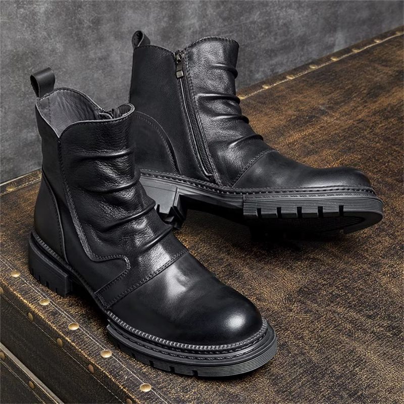 Botas Masculinas Pele Carneiro Chique Vintage Com Zíper Curto Cadarço - Preto