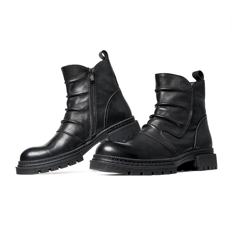 Botas Masculinas Pele Carneiro Chique Vintage Com Zíper Curto Cadarço - Preto