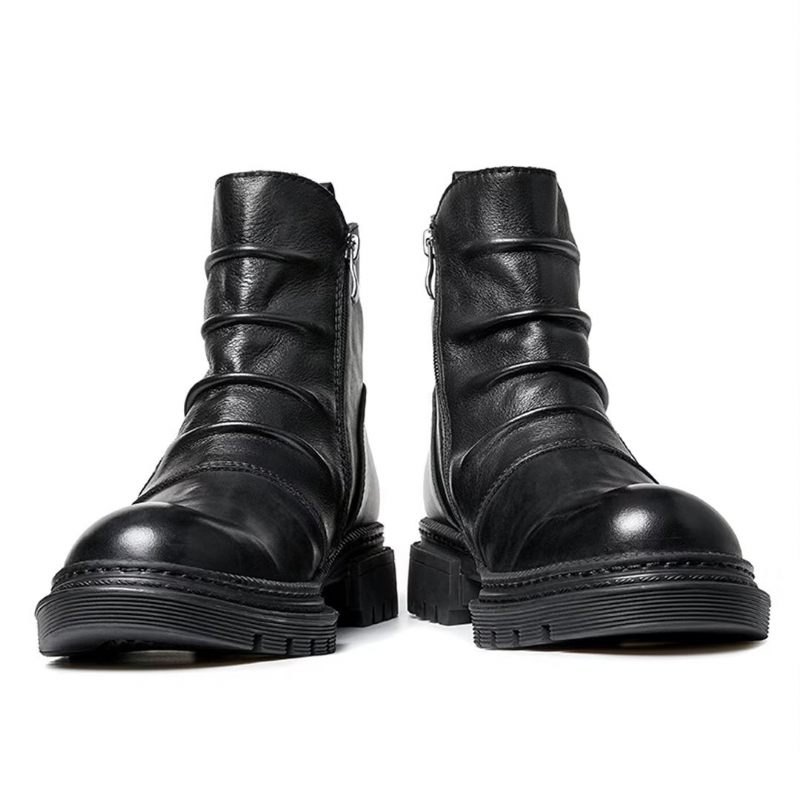 Botas Masculinas Pele Carneiro Chique Vintage Com Zíper Curto Cadarço - Preto