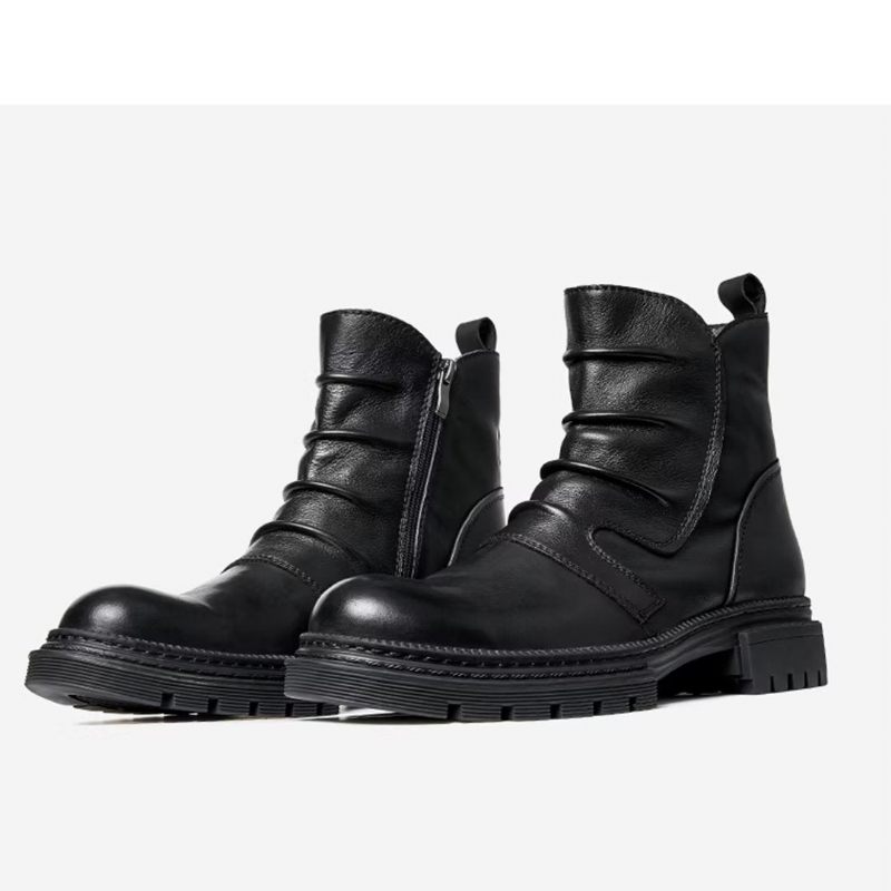 Botas Masculinas Pele Carneiro Chique Vintage Com Zíper Curto Cadarço - Preto