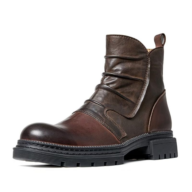 Botas Masculinas Pele Carneiro Chique Vintage Com Zíper Curto Cadarço - Marrom