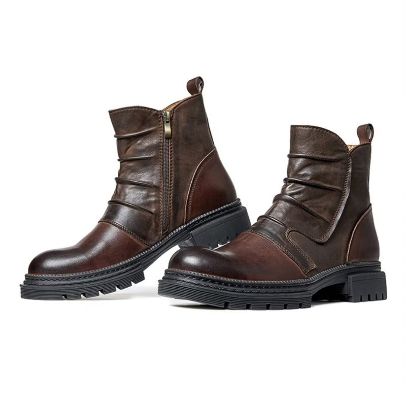 Botas Masculinas Pele Carneiro Chique Vintage Com Zíper Curto Cadarço - Marrom