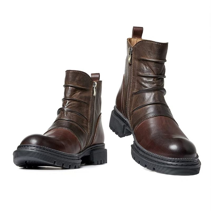 Botas Masculinas Pele Carneiro Chique Vintage Com Zíper Curto Cadarço - Marrom