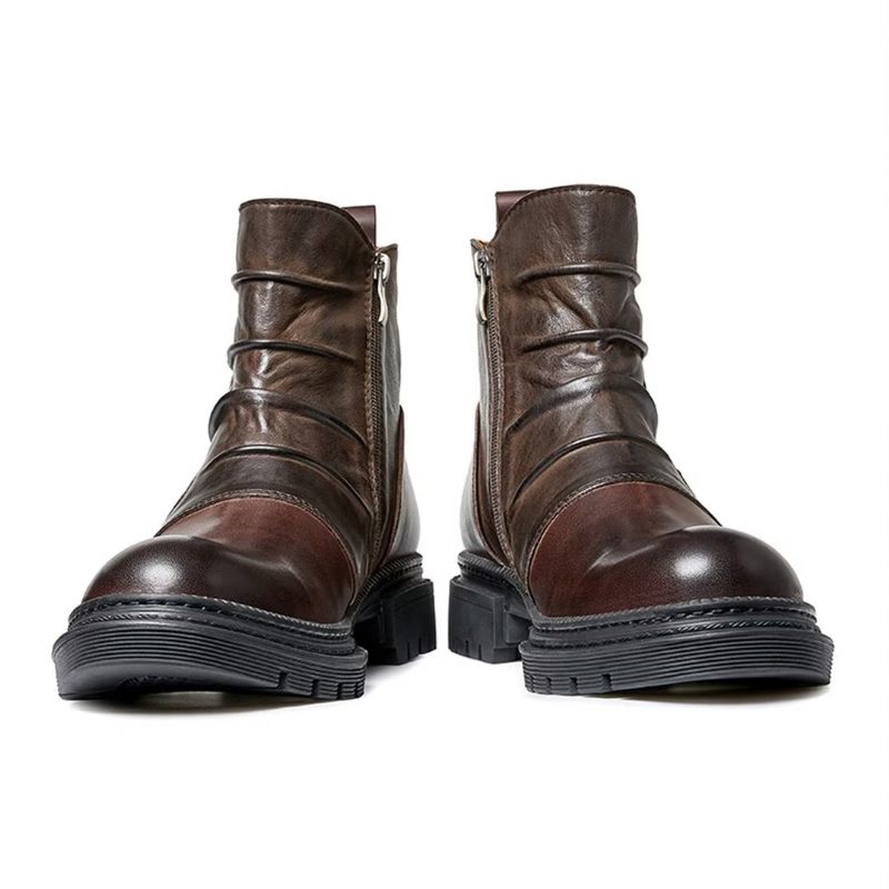 Botas Masculinas Pele Carneiro Chique Vintage Com Zíper Curto Cadarço - Marrom