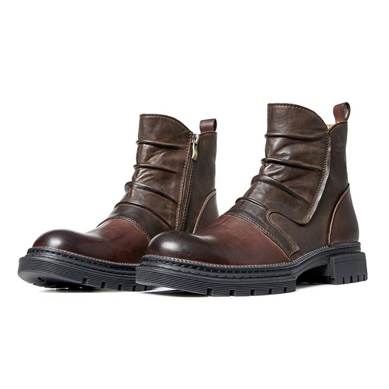 Botas Masculinas Pele Carneiro Chique Vintage Com Zíper Curto Cadarço - Marrom