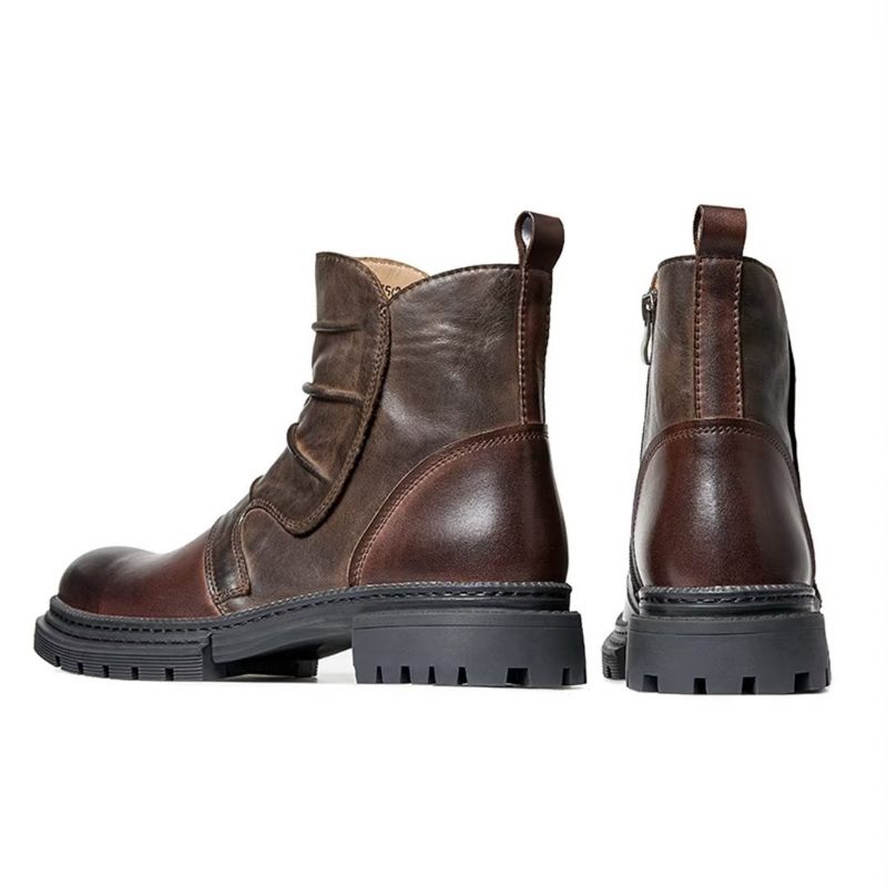 Botas Masculinas Pele Carneiro Chique Vintage Com Zíper Curto Cadarço - Marrom