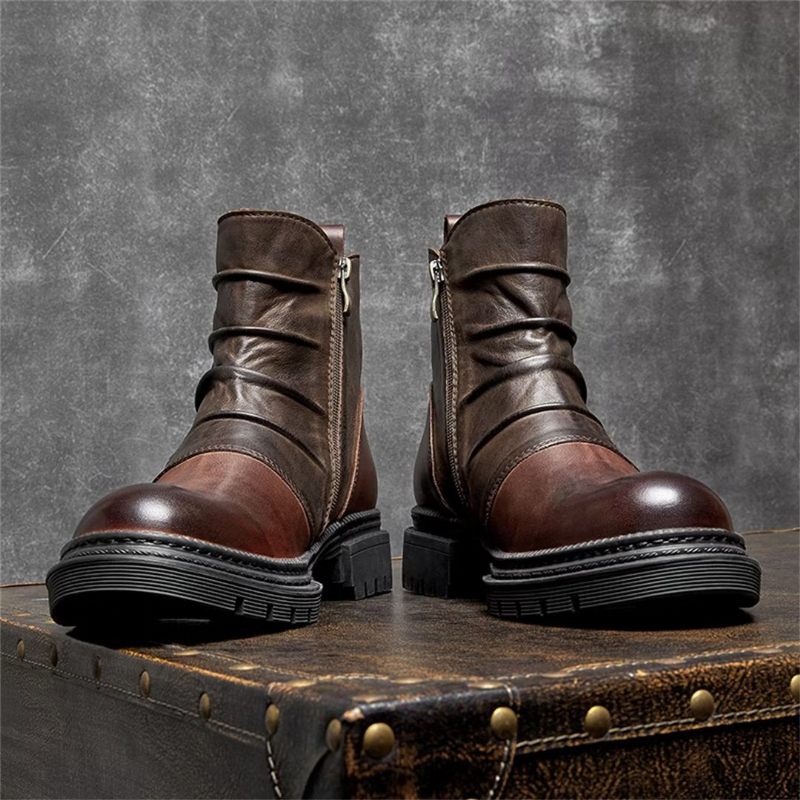 Botas Masculinas Pele Carneiro Chique Vintage Com Zíper Curto Cadarço - Marrom