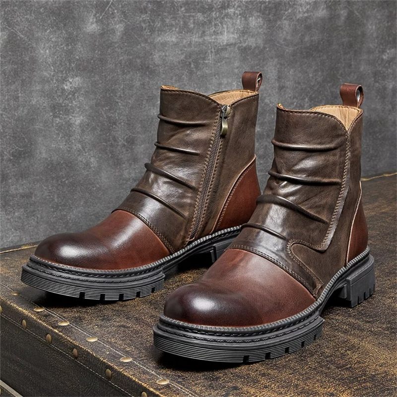 Botas Masculinas Pele Carneiro Chique Vintage Com Zíper Curto Cadarço - Marrom