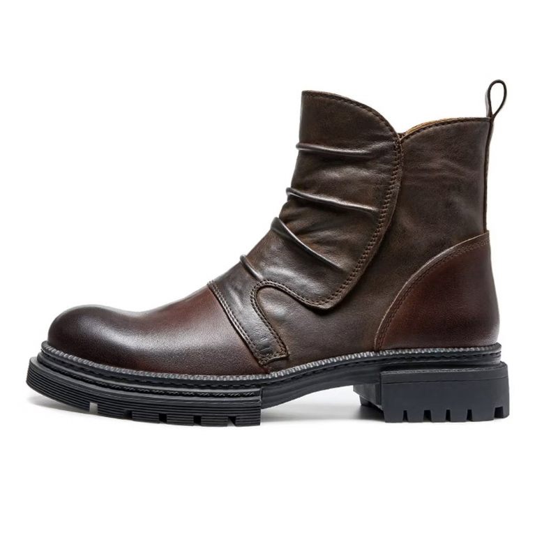 Botas Masculinas Pele Carneiro Chique Vintage Com Zíper Curto Cadarço - Marrom