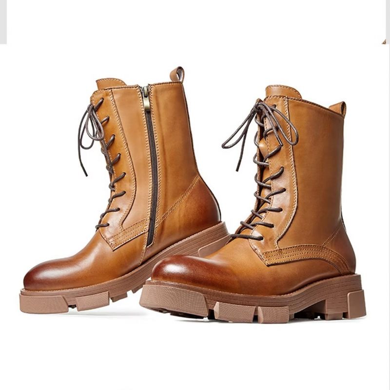 Botas Masculinas Pele Carneiro Chique Vintage Com Zíper Curto Cravejado Martin - Marrom