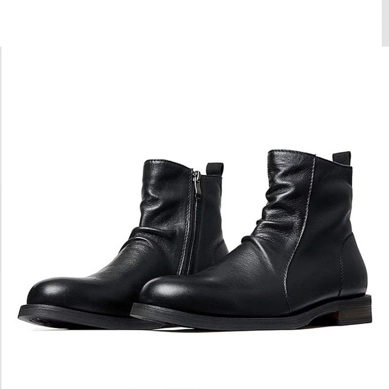 Botas Masculinas Pele Carneiro Chique Vintage Com Zíper Curto E Martin - Preto