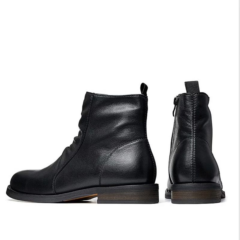 Botas Masculinas Pele Carneiro Chique Vintage Com Zíper Curto E Martin - Preto