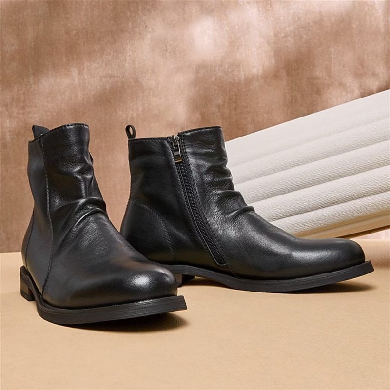 Botas Masculinas Pele Carneiro Chique Vintage Com Zíper Curto E Martin - Preto