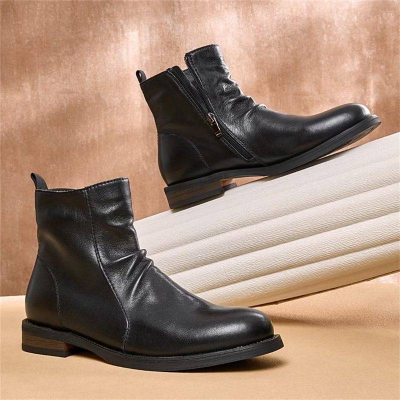 Botas Masculinas Pele Carneiro Chique Vintage Com Zíper Curto E Martin - Preto