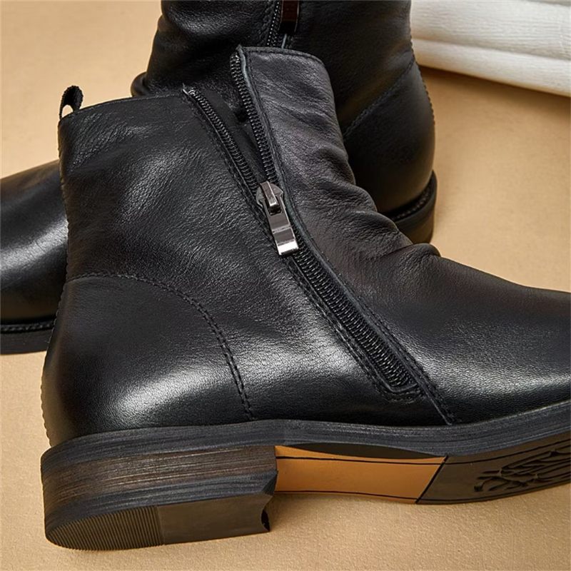 Botas Masculinas Pele Carneiro Chique Vintage Com Zíper Curto E Martin - Preto