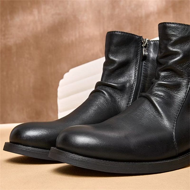 Botas Masculinas Pele Carneiro Chique Vintage Com Zíper Curto E Martin - Preto