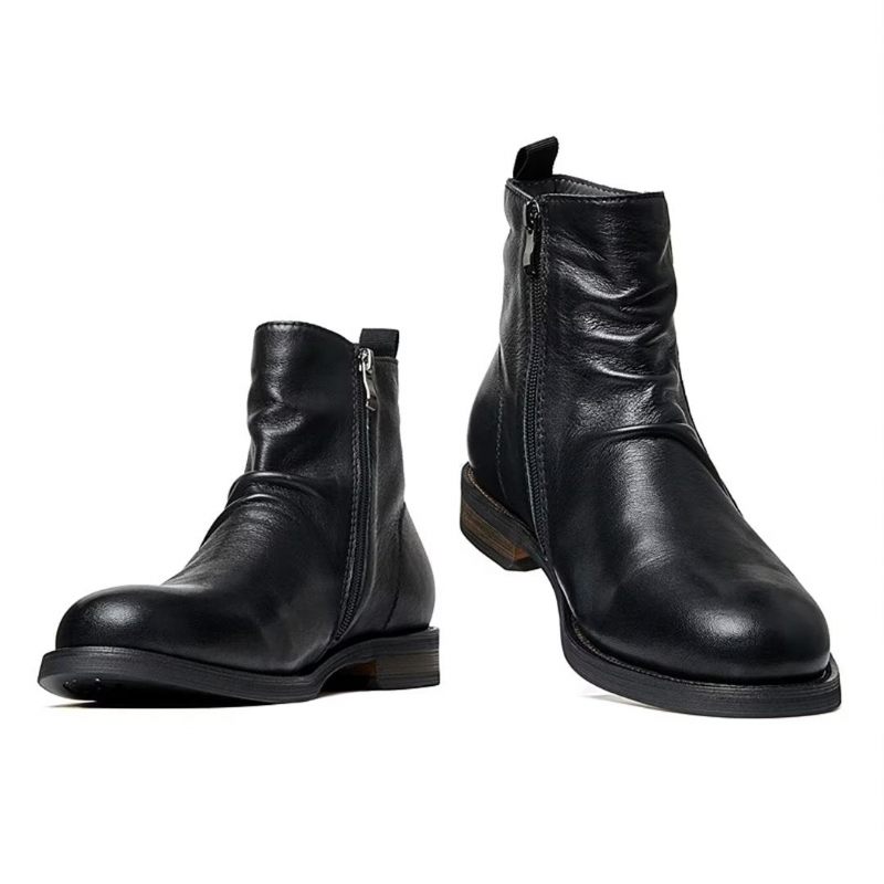 Botas Masculinas Pele Carneiro Chique Vintage Com Zíper Curto E Martin - Preto