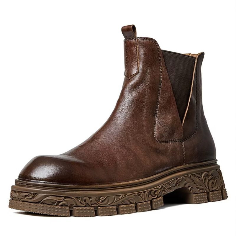 Botas Masculinas Pele Carneiro Chique Vintage Com Zíper Curto Embelezado Martin - Marrom