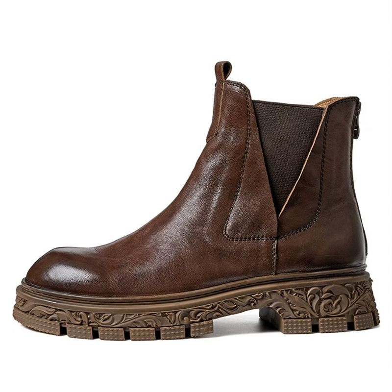 Botas Masculinas Pele Carneiro Chique Vintage Com Zíper Curto Embelezado Martin - Marrom