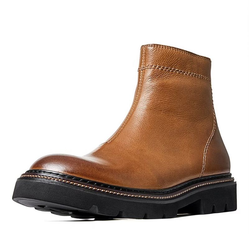 Botas Masculinas Pele Carneiro Chique Vintage Com Zíper Curto Martin Clássicas - Marrom