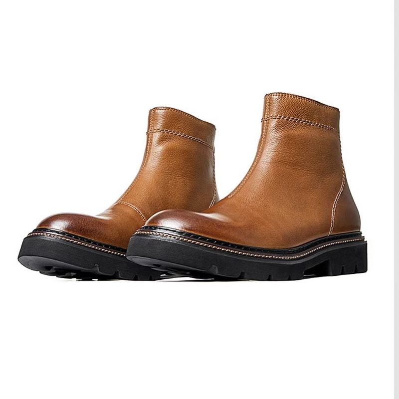 Botas Masculinas Pele Carneiro Chique Vintage Com Zíper Curto Martin Clássicas - Marrom