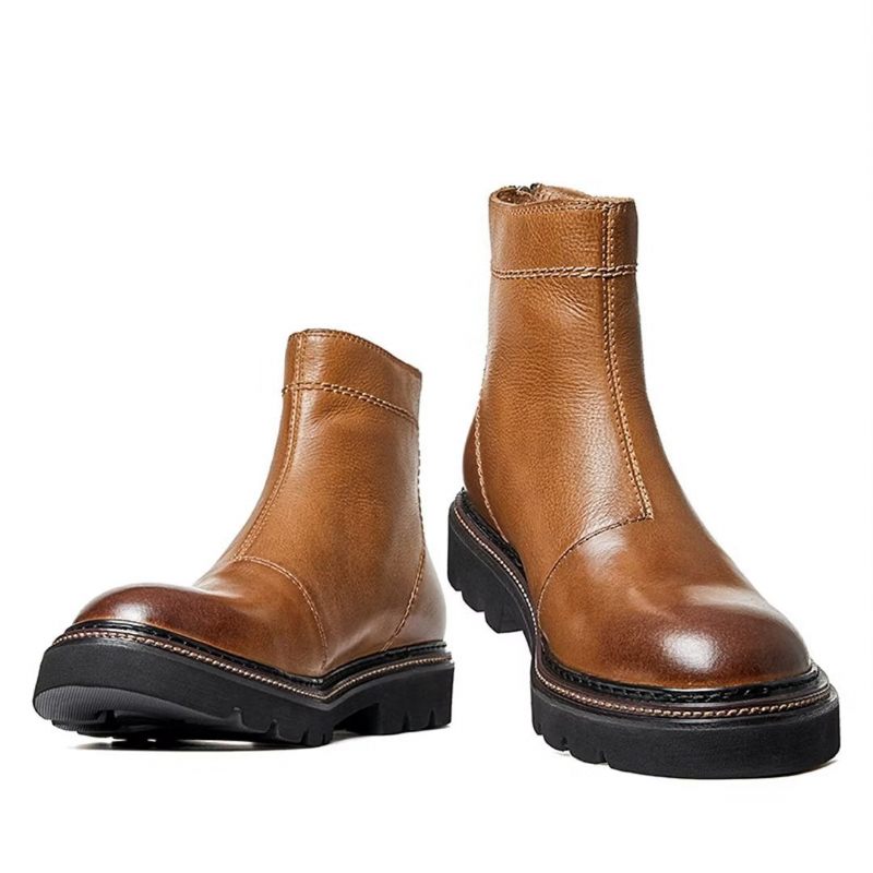 Botas Masculinas Pele Carneiro Chique Vintage Com Zíper Curto Martin Clássicas - Marrom