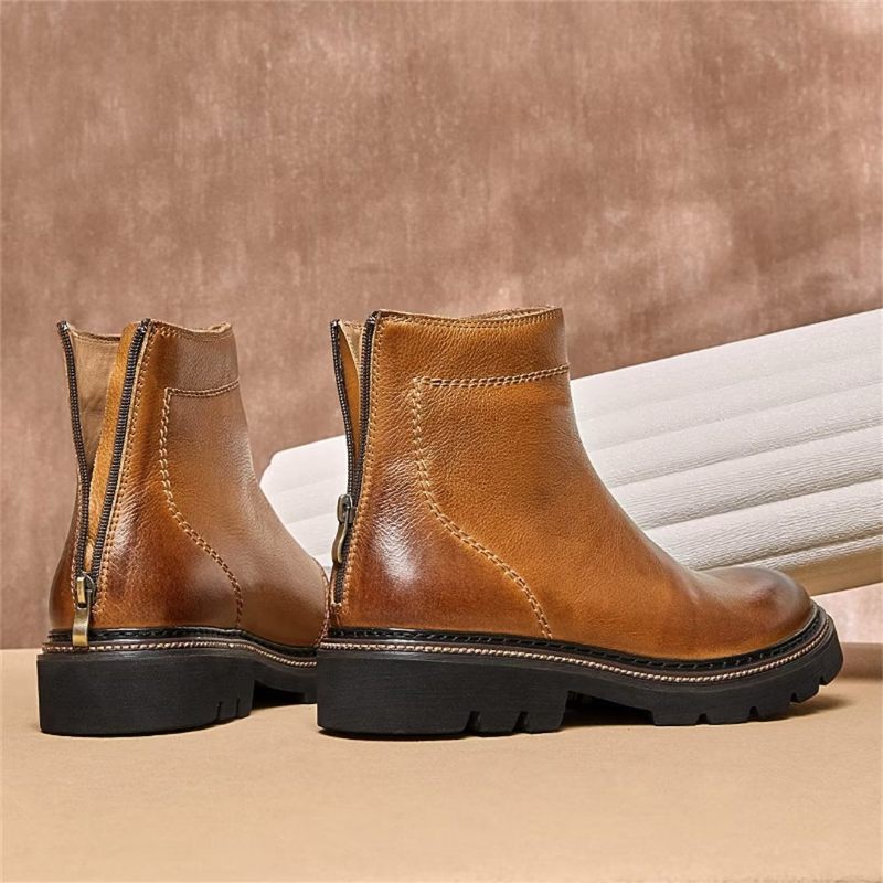 Botas Masculinas Pele Carneiro Chique Vintage Com Zíper Curto Martin Clássicas - Marrom