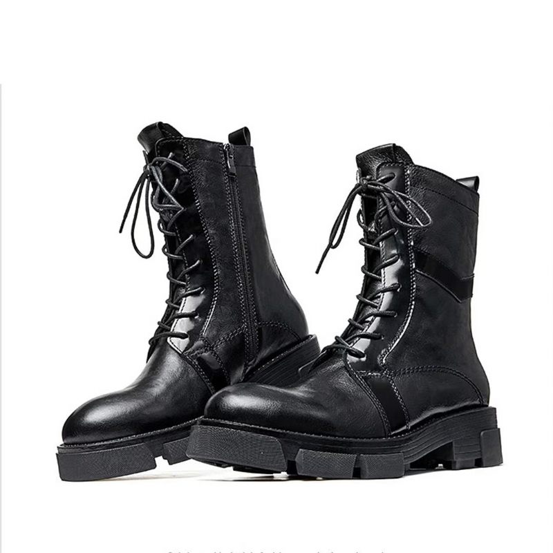 Botas Masculinas Pele Carneiro Chique Vintage Com Zíper Curto Martin Grossas - Preto