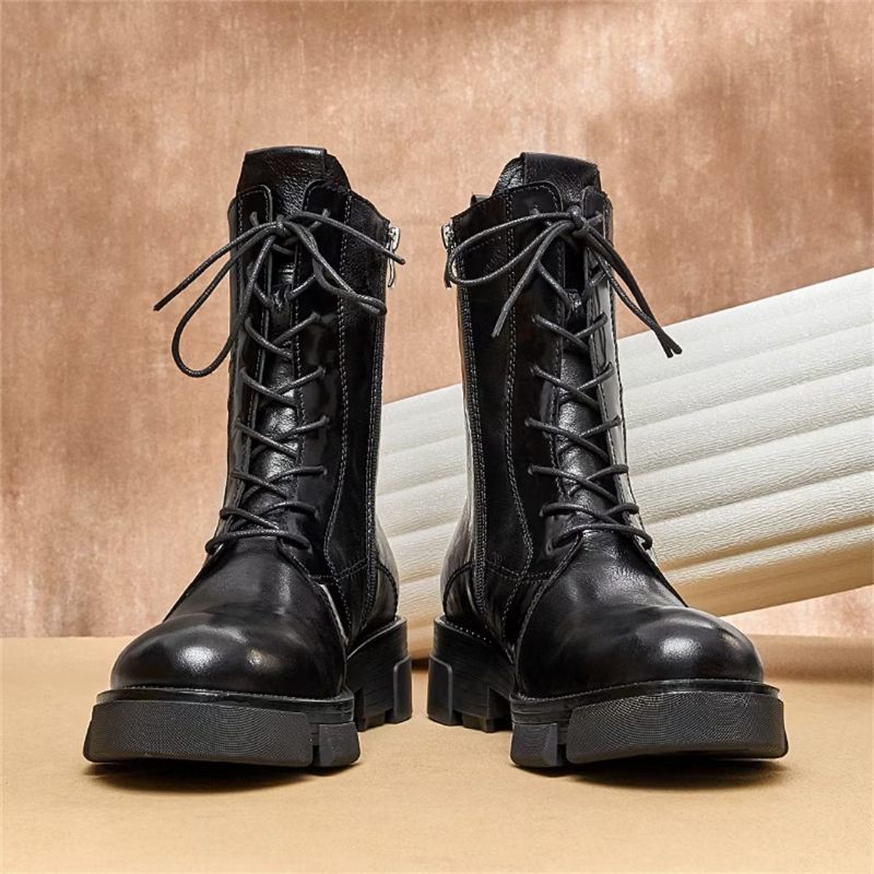 Botas Masculinas Pele Carneiro Chique Vintage Com Zíper Curto Martin Grossas - Preto