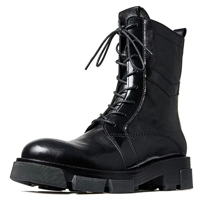 Botas Masculinas Pele Carneiro Chique Vintage Com Zíper Curto Martin Grossas - Preto